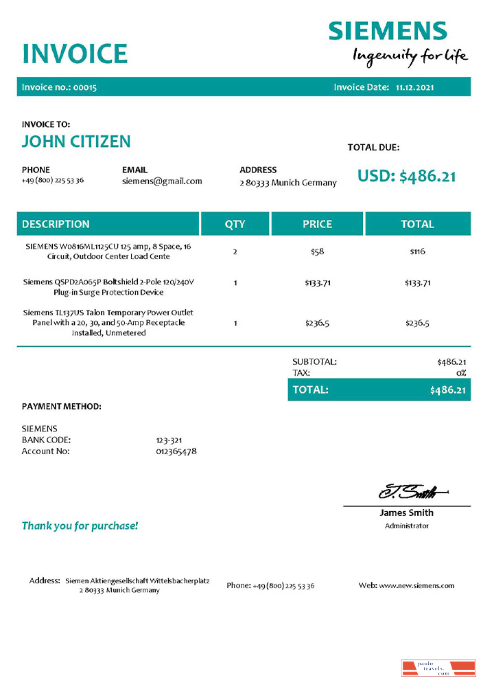 USA Siemens invoice PSD template